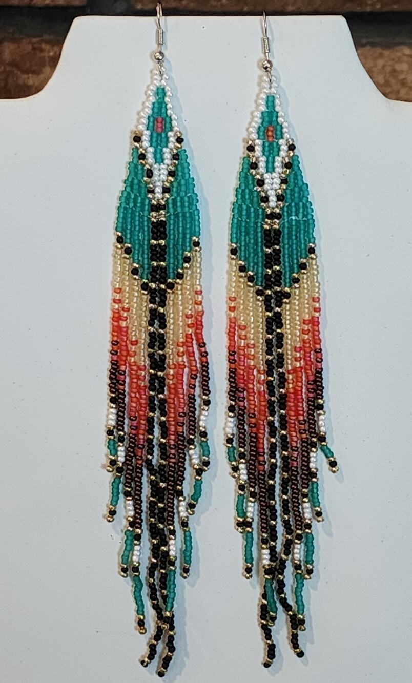 Hand Beaded Fringe Earrings Turquoise & Multi Color 7.5" Bohemian Style